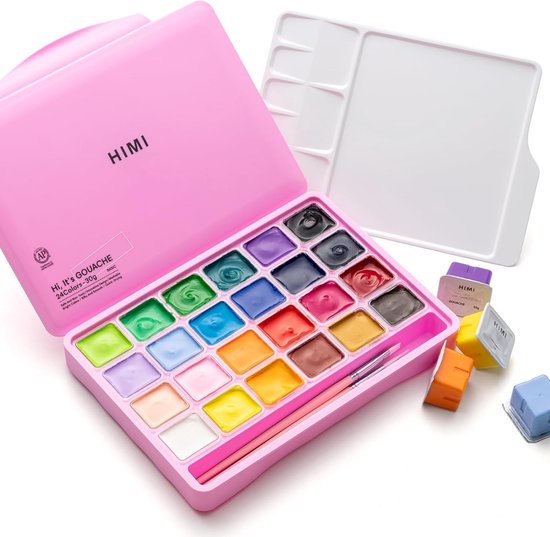 HIMI Gouache Set 24 kleuren in box roze + 3 penselen