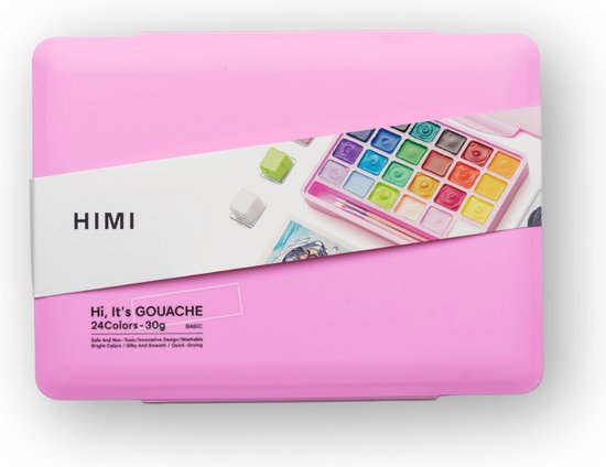 HIMI Gouache Set 24 kleuren in box roze + 3 penselen