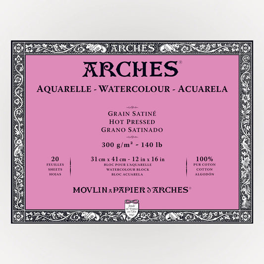Glad Satijn 300 gr 31x41 Blok 4 zijdig verlijmd Aquarelpapier Arches Grain Satine Hot Pressed