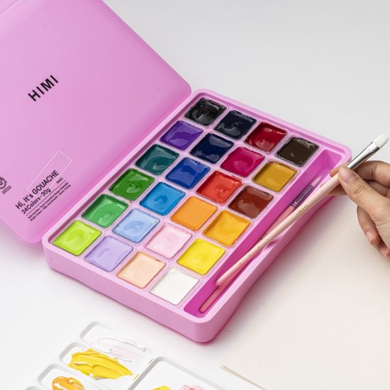 HIMI Gouache Set 24 kleuren in box roze + 3 penselen