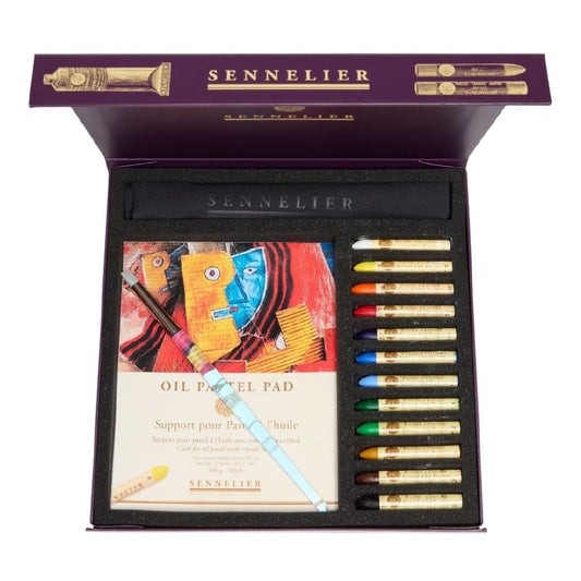 Mooie set Oliepastels met Basis kleuren (12), Papier, Rubber Penseel en doekje IN Box Sennelier
