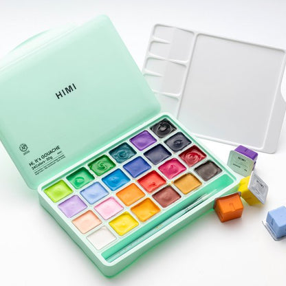 HIMI Gouache Set 24 kleuren in box groen + 3 penselen