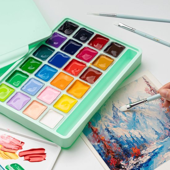 HIMI Gouache Set 24 kleuren in box groen + 3 penselen